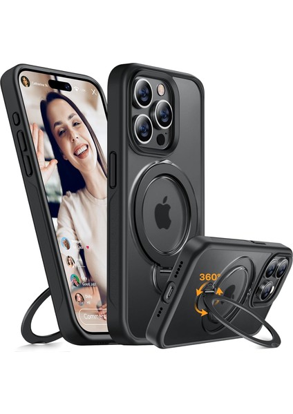 Iphone 15 Pro Uyumlu Kılıf Kamera Korumalı Magsafe Destekli 360 Dönebilir Standlı Mat Kapak