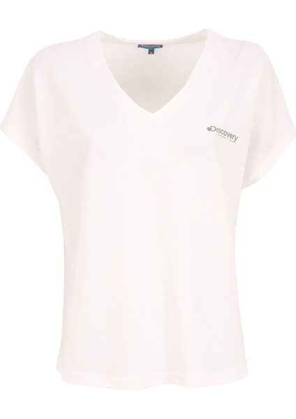 D5SL-TST3544 Beyaz V Yaka Relaxed Baskılı Kadın T-Shirt