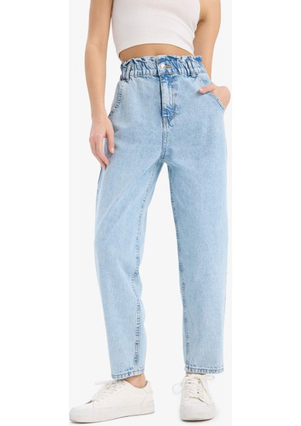 Paperbag Beli Lastikli Bilek Boy Jean Yıkamalı Pantolon E3184AX25SP