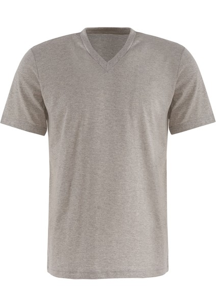 Drop Giyim V Yaka Kısa Kollu Penye T-Shirt Gri
