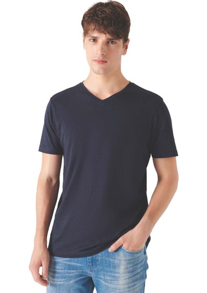 Drop Giyim V Yaka Kısa Kol Penye T-Shirt Lacivert