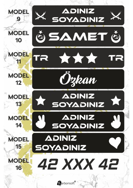 Kişiye Özel Dekor Plaka, Araba Plaka, Isimli Plaka, Cam Önü Plakası, Aksesuar Plaka modelleri