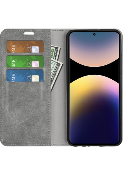Xiaomi Redmi Note 14 Pro 4g Kılıf Skin Touch Deri Cüzdan Telefon Kapağı-Gri (Yurt Dışından)