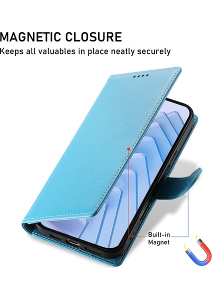 Xiaomi Redmi Için Not 14 5g Kılıf Litchi Doku Deri Manyetik Toka Cüzdan Standı Bilek Kayışı-Gök Mavisi (Yurt Dışından)