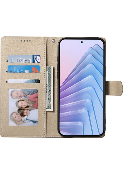 Xiaomi Redmi Için Not 14 5g Kılıf Litchi Doku Deri Manyetik Toka Cüzdan Standı Bilek Kayışı-Kayısı (Yurt Dışından)