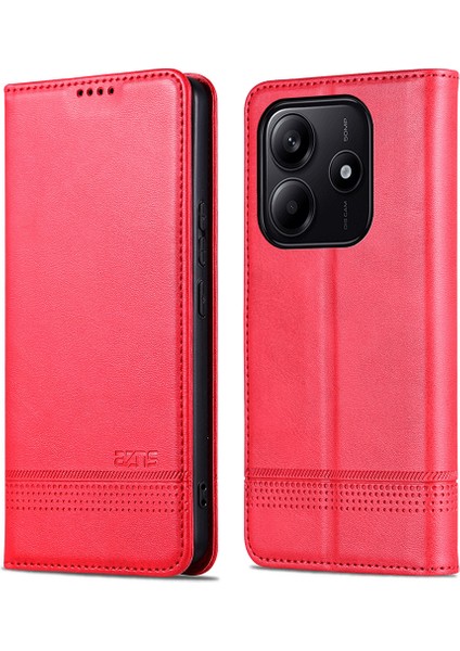 Xiaomi Redmi Note 14 5g Kılıf Sığır Derisi Doku Pu Deri Cüzdan Telefon Kapağı-Kırmızı (Yurt Dışından)