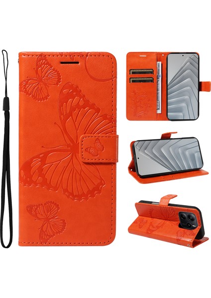 Xiaomi Redmi Note 14 4g (163.25X76.55X8.16MM) Çiçek Baskılı Deri Stand-Turuncu (Yurt Dışından)