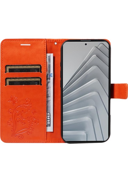 Xiaomi Redmi Note 14 4g (163.25X76.55X8.16MM) Çiçek Baskılı Deri Stand-Turuncu (Yurt Dışından)