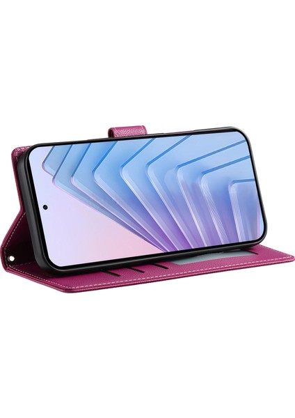 Xiaomi Redmi Için Not 14 5g Kılıf Litchi Doku Deri Manyetik Toka Cüzdan Standı Bilek Kayışı-Gül (Yurt Dışından)