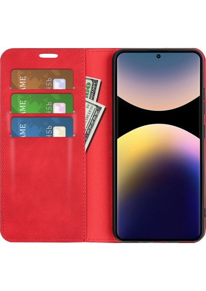 Xiaomi Redmi Note 14 Pro 4g Kılıf Skin Touch Deri Cüzdan Telefon Kapağı-Kırmızı (Yurt Dışından)