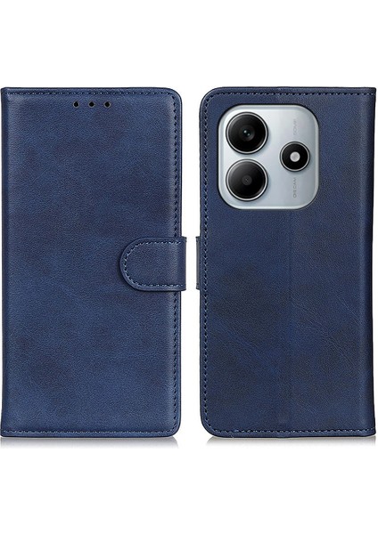 Xiaomi Redmi Note 14 5g Sığır Derisi Doku Deri Standlı Telefon Kapağı-Mavi Için (Yurt Dışından)