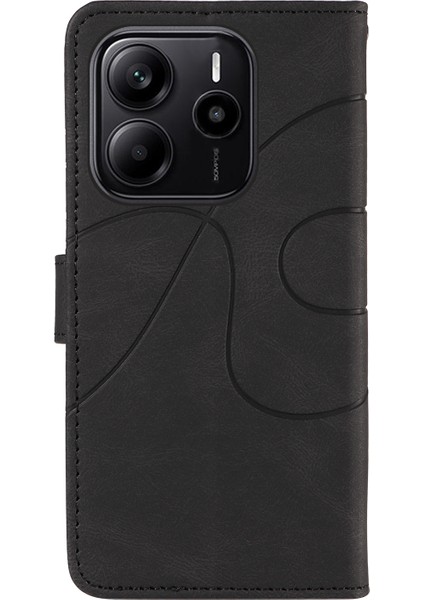 Xiaomi Redmi Note 14 4g (163.25X76.55X8.16MM) Kavisli Çizgi Tasarımlı Deri Stand - Siyah (Yurt Dışından)