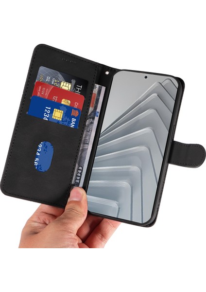 Xiaomi Redmi Note 14 4g (163.25X76.55X8.16MM) Kavisli Çizgi Tasarımlı Deri Stand - Siyah (Yurt Dışından)