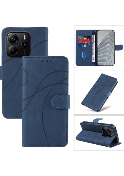 Xiaomi Redmi Note 14 4g (163.25X76.55X8.16MM) Kavisli Çizgi Tasarımlı Deri Stand-Mavi (Yurt Dışından)