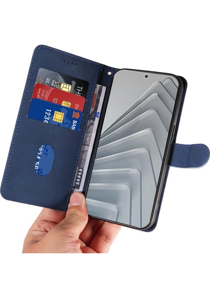 Xiaomi Redmi Note 14 4g (163.25X76.55X8.16MM) Kavisli Çizgi Tasarımlı Deri Stand-Mavi (Yurt Dışından)