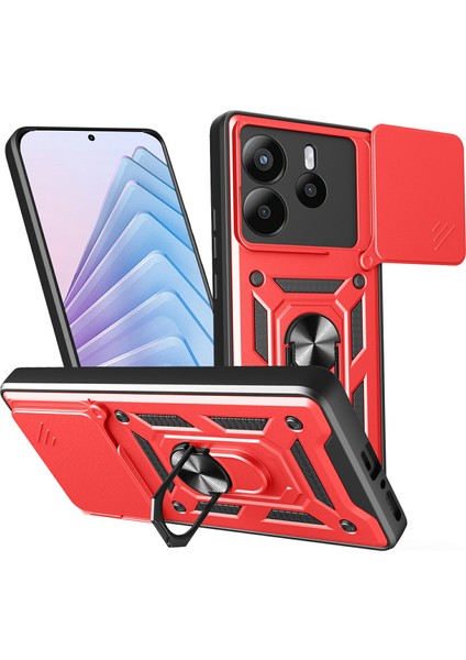 Xiaomi Redmi Note 14 5g Kılıfı Slayt Kamera Kapaklı Pc+Tpu Kickstand Telefon Kapağı-Kırmızı (Yurt Dışından)