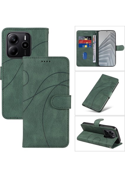 Xiaomi Redmi Note 14 4g (163.25X76.55X8.16MM) Kavisli Çizgi Tasarımlı Deri Stand-Yeşil (Yurt Dışından)
