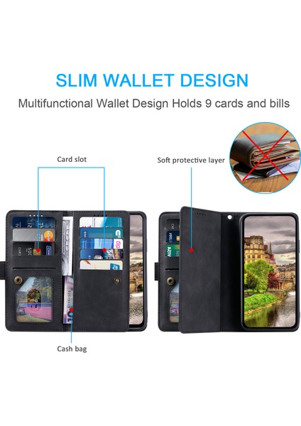 Xiaomi Redmi Için Not 14 Pro+ 5g/14 Pro 5g/poco X7 5g Fermuarlı Cüzdan 9 Kart Yuvaları-Balck (Yurt Dışından)