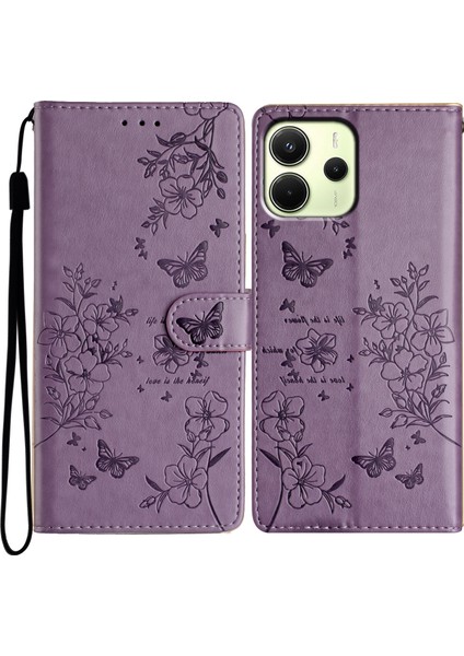 Xiaomi Redmi Note 14 4g (163.25X76.55X8.16MM) Cüzdan Çiçek Baskı Deri Flip Kapak Kayışlı-Mor (Yurt Dışından)