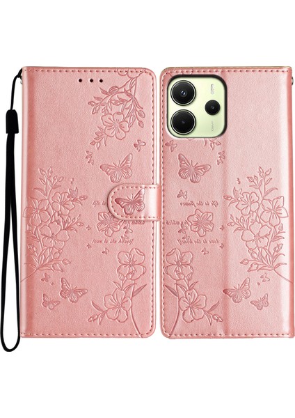 Xiaomi Redmi Note 14 4g (163.25X76.55X8.16MM) Cüzdan Çiçek Baskı Deri Flip Kapak Kayışlı-Gül Altın (Yurt Dışından)