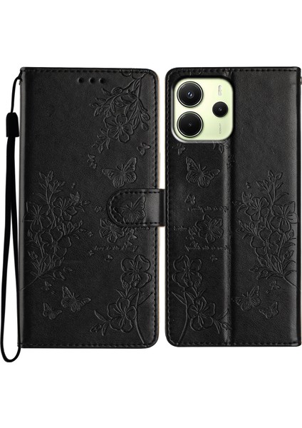 Xiaomi Redmi Note 14 4g (163.25X76.55X8.16MM) Cüzdan Çiçek Baskılı Deri Flip Kapak Kayışlı-Siyah (Yurt Dışından)