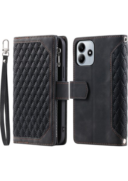 Xiaomi Redmi Için Not 14 4g (163.25X76.55X8.16MM) Eşkenar Dörtgen Dikiş Hattı Pu Deri Telefon Kapağı-Balck (Yurt Dışından)