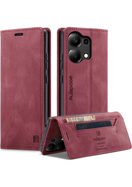 Xiaomi Redmi Için Not 13 Pro 4g Autspace A01 Rfıd Engelleme Kart Tutucu ile Deri Stand Kapağı-Kırmızı (Yurt Dışından)