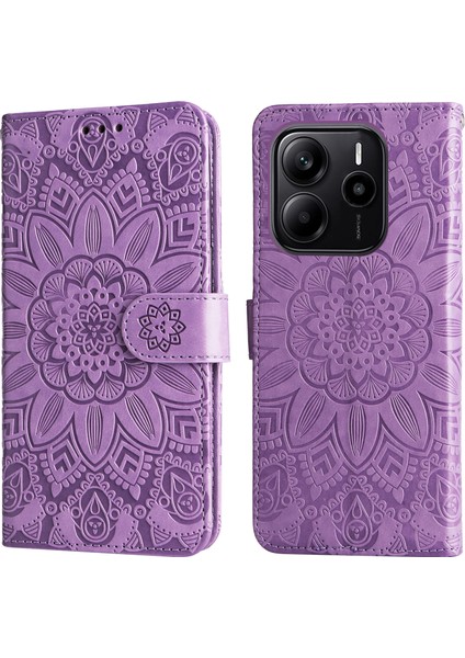 Xiaomi Redmi Note 14 4g (163.25X76.55X8.16MM) Kılıf Ayçiçeği Baskılı Deri Cüzdan Telefon Kapağı-Mor (Yurt Dışından)