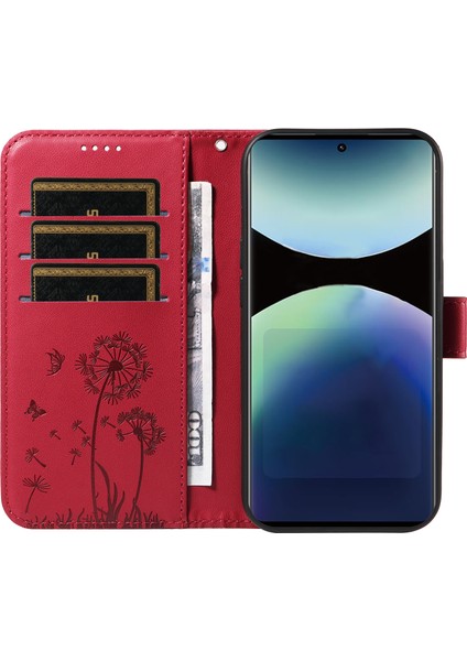 Xiaomi Redmi Note 14 Pro 4g Deri Askılı Karahindiba Baskılı Telefon Standı Kapağı-Kırmızı (Yurt Dışından)