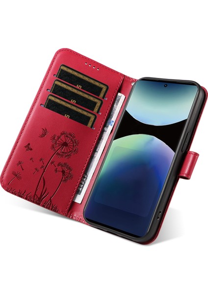 Xiaomi Redmi Note 14 Pro 4g Deri Askılı Karahindiba Baskılı Telefon Standı Kapağı-Kırmızı (Yurt Dışından)