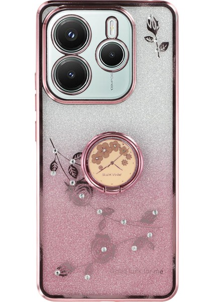 Xiaomi Redmi Için Not 14 5g Kılıf Yüzük Kickstand Tpu Çiçekler Degrade Glitter-Gül Altın (Yurt Dışından)