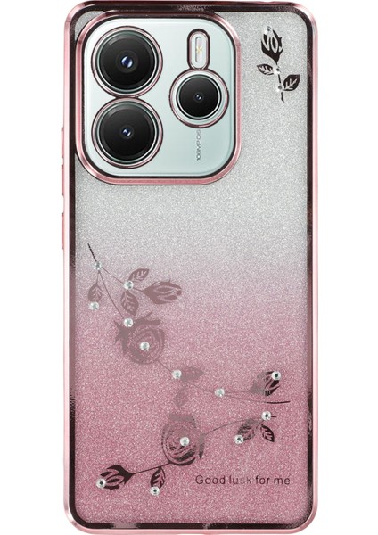 Xiaomi Redmi Için Not 14 5g Kılıf Yüzük Kickstand Tpu Çiçekler Degrade Glitter-Gül Altın (Yurt Dışından)