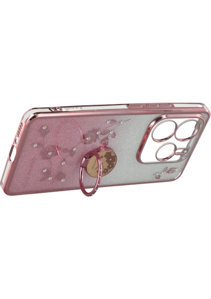 Xiaomi Redmi Için Not 14 5g Kılıf Yüzük Kickstand Tpu Çiçekler Degrade Glitter-Gül Altın (Yurt Dışından)