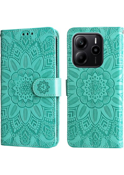 Xiaomi Redmi Note 14 4g (163.25X76.55X8.16MM) Kılıf Ayçiçeği Baskılı Deri Cüzdan Telefon Kapağı-Yeşil (Yurt Dışından)