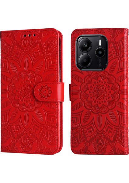 Xiaomi Redmi Note 14 4g (163.25X76.55X8.16MM) Kılıf Ayçiçeği Baskılı Deri Cüzdan Telefon Kapağı-Kırmızı (Yurt Dışından)