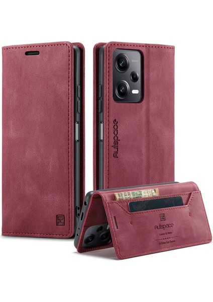 Xiaomi Poco X5 Pro 5g/xiaomi Redmi Not 12 Pro 5g Autspace A01 Rfıd Engelleme Kart Tutucu ile Deri Stand Kapağı-Kırmızı (Yurt Dışından)
