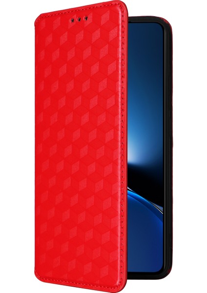 Xiaomi Poco X7 Pro 5g/redmi Turbo 4 5g Eşkenar Dörtgen Baskılı Deri Telefon Kapağı-Kırmızı (Yurt Dışından)