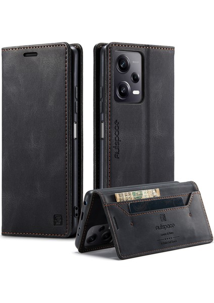 Xiaomi Poco X5 Pro 5g/xiaomi Redmi Not 12 Pro 5g Autspace A01 Rfıd Engelleme Kart Tutucu ile Deri Stand Kapağı-Siyah (Yurt Dışından)