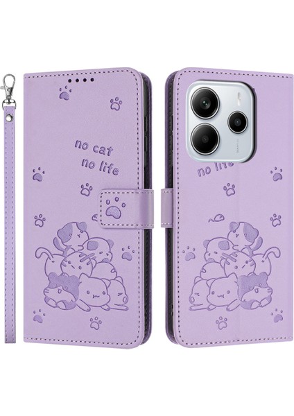 Xiaomi Redmi Için Not 14 4g (163.25X76.55X8.16MM) Kayış-Mor ile Kediler Baskı Deri (Yurt Dışından)