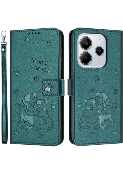 Xiaomi Redmi Note 14 4g (163.25X76.55X8.16MM) Kediler Baskı Deri Kayış-Balck Yeşili Için (Yurt Dışından)