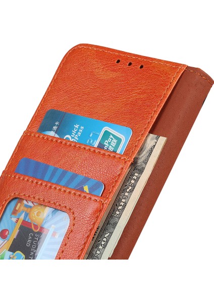 Xiaomi Redmi Note 14 5g Kılıf Nappa Dokulu Bölünmüş Deri Cüzdan Telefon Kapağı-Turuncu (Yurt Dışından)