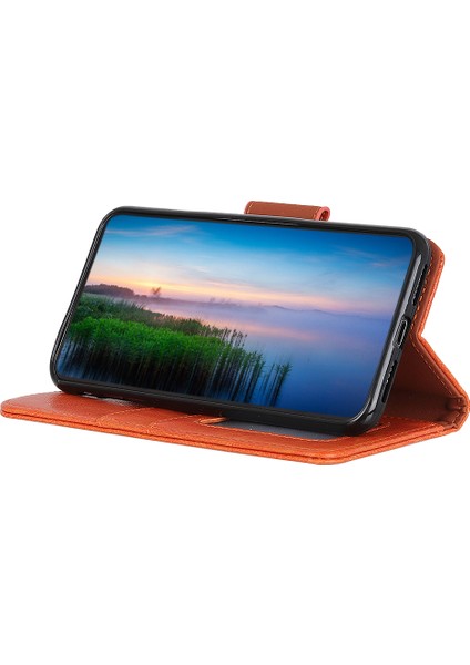 Xiaomi Redmi Note 14 5g Kılıf Nappa Dokulu Bölünmüş Deri Cüzdan Telefon Kapağı-Turuncu (Yurt Dışından)