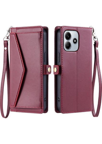 Xiaomi Redmi Note 14 4g (163.25X76.55X8.16MM) Askılı Cüzdan Standı-Şarap Kırmızısı (Yurt Dışından)