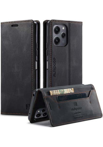 Xiaomi Redmi Için Not 12R 5g/xiaomi Redmi 12 4g Autspace A01 Rfıd Engelleme Kart Tutucu ile Deri Stand Kapağı-Siyah (Yurt Dışından)