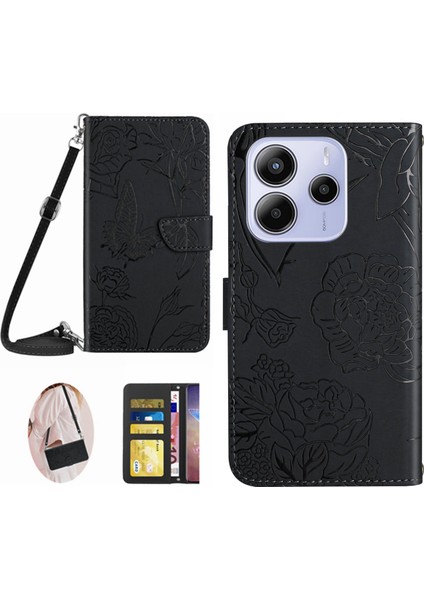 Xiaomi Redmi Note 14 4g (163.25X76.55X8.16MM) Kılıf Çiçek Baskı Deri Omuz Askılı-Siyah (Yurt Dışından)