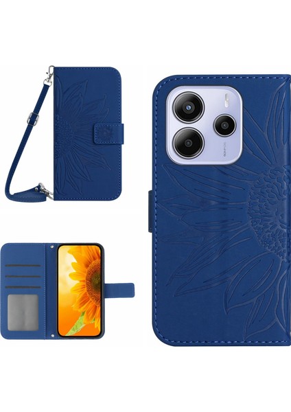 Xiaomi Redmi Note 14 4g (163.25X76.55X8.16MM) Kılıf Uzun Askı-Safir ile Ayçiçeği Baskı Pu Deri (Yurt Dışından)