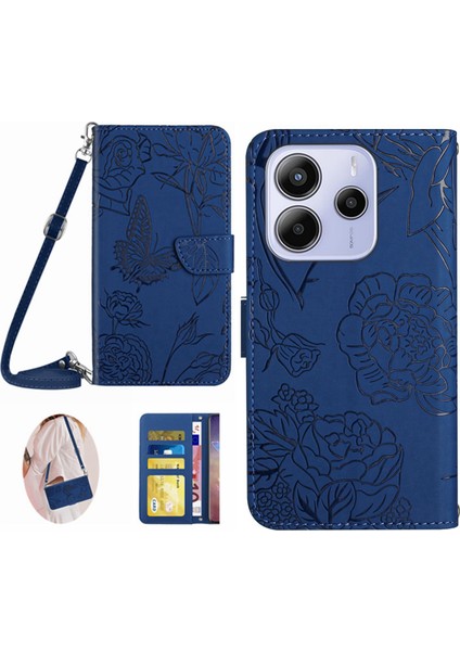 Xiaomi Redmi Note 14 4g (163.25X76.55X8.16MM) Kılıf Omuz Askılı Çiçek Baskı Deri-Mavi (Yurt Dışından)
