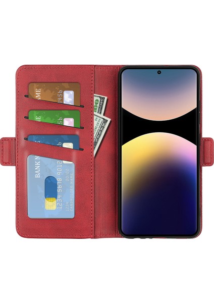 Xiaomi Redmi Note 14 Pro 4g Buzağı Dokulu Deri Cüzdan Telefon Kılıfı-Kırmızı (Yurt Dışından)