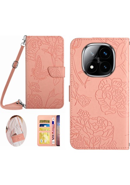 Xiaomi Redmi Note 14 Pro 4g Kılıf Için Omuz Askılı Çiçek Baskı Deri-Pembe (Yurt Dışından)