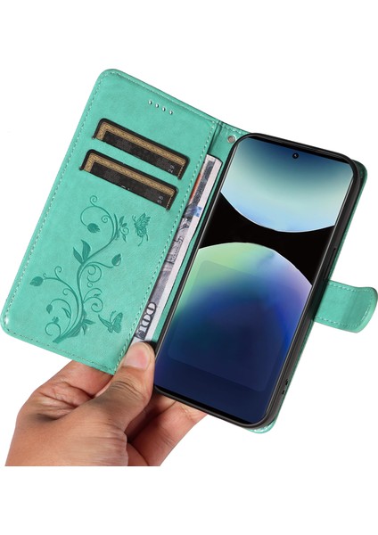 Xiaomi Redmi Note 14 Pro 4g Pu Çiçek Desenli Cüzdan Standlı Telefon Kapağı-Yeşil (Yurt Dışından)